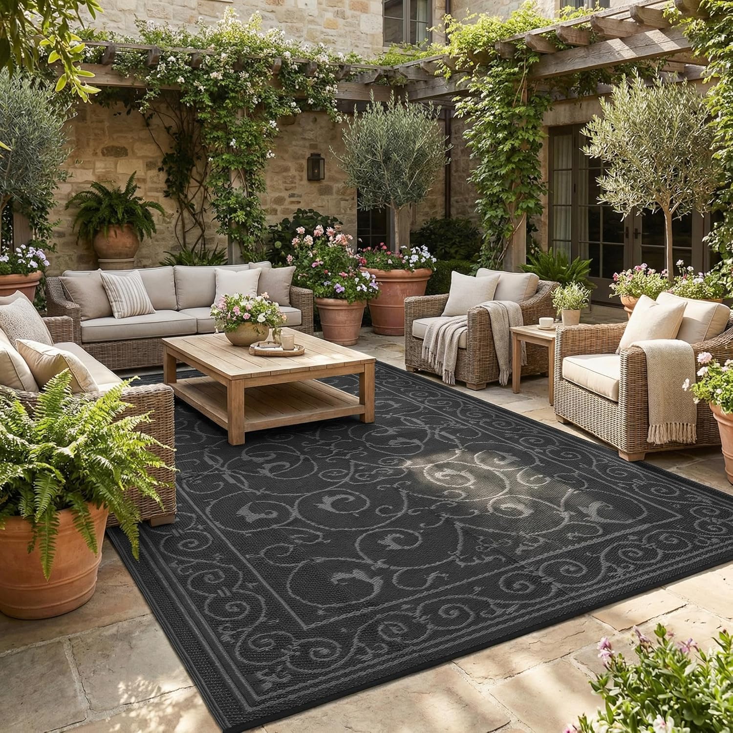 GAOMON Outdoor Patio Rug 8x10 Reversible Camping Mat, Stain-Resistant Plastic Straw Rug, Easy to Clean, Waterproof Indoor Outdoor Carpet for Porch, Deck, Balcony, Beach, GardenVintage-Black&Grey