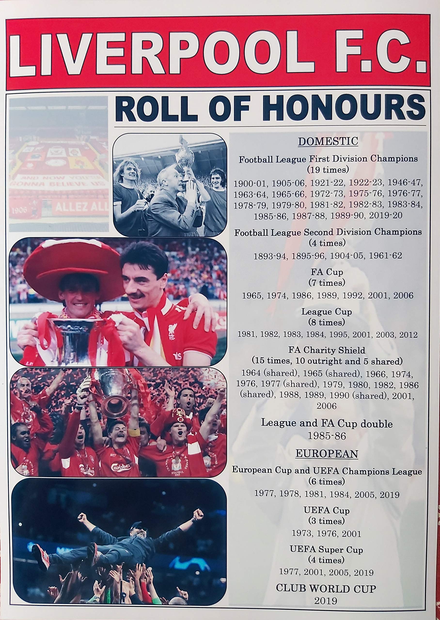 Sports Prints UK Liverpool FC club history roll of honours - updated 2020 - souvenir print