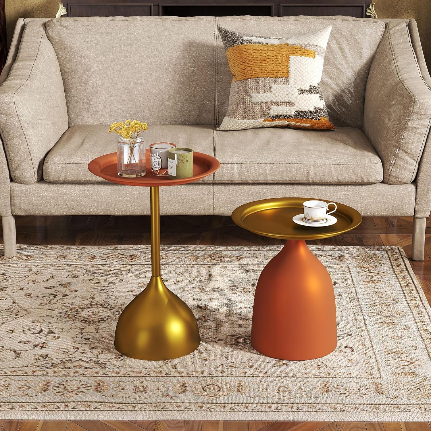 Orange and Gold Nesting Coffee Side Table Round Metal Nesting End Table for Living Room and Bedroom