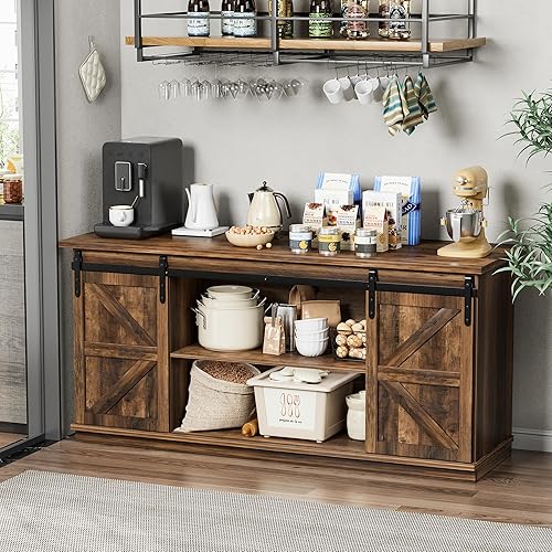 Miniatura 10 de Aparador de estilo rústico para bufé, almacenamiento de barra de café con puertas corredizas de granero, estante para comedor en casa, 27.5 pulgadas
