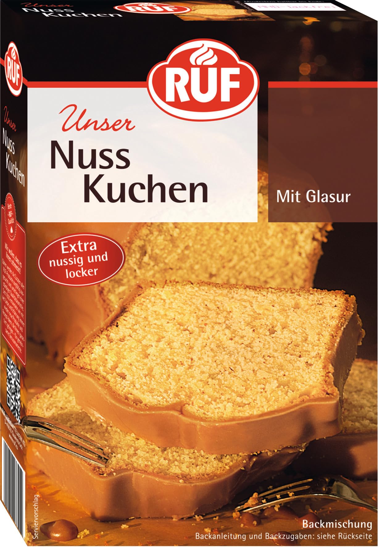 RUF Nusskuchen, Backmischung mit schneller und einfacher Zubereitung, nussig und locker mit Glasur, als Grundlage für Rüblikuchen, vegan, 1 x 520g