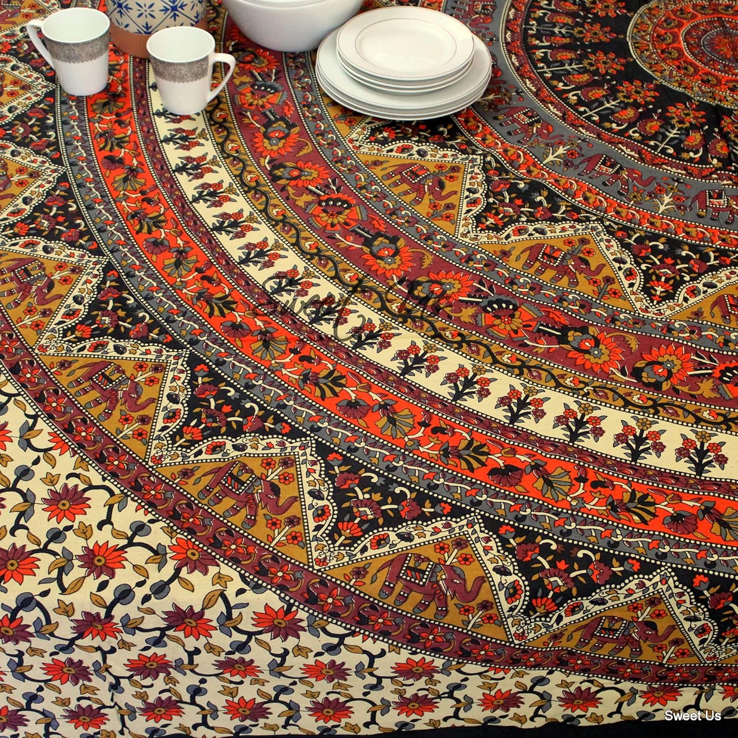 Elephant Tablecloth for Round Tables, Cotton Floral Kitchen Dining Table Cloth, Linen Blue Green Red, Table Cover for Indoors and Outdoors 70-in Round : Home & Kitchen