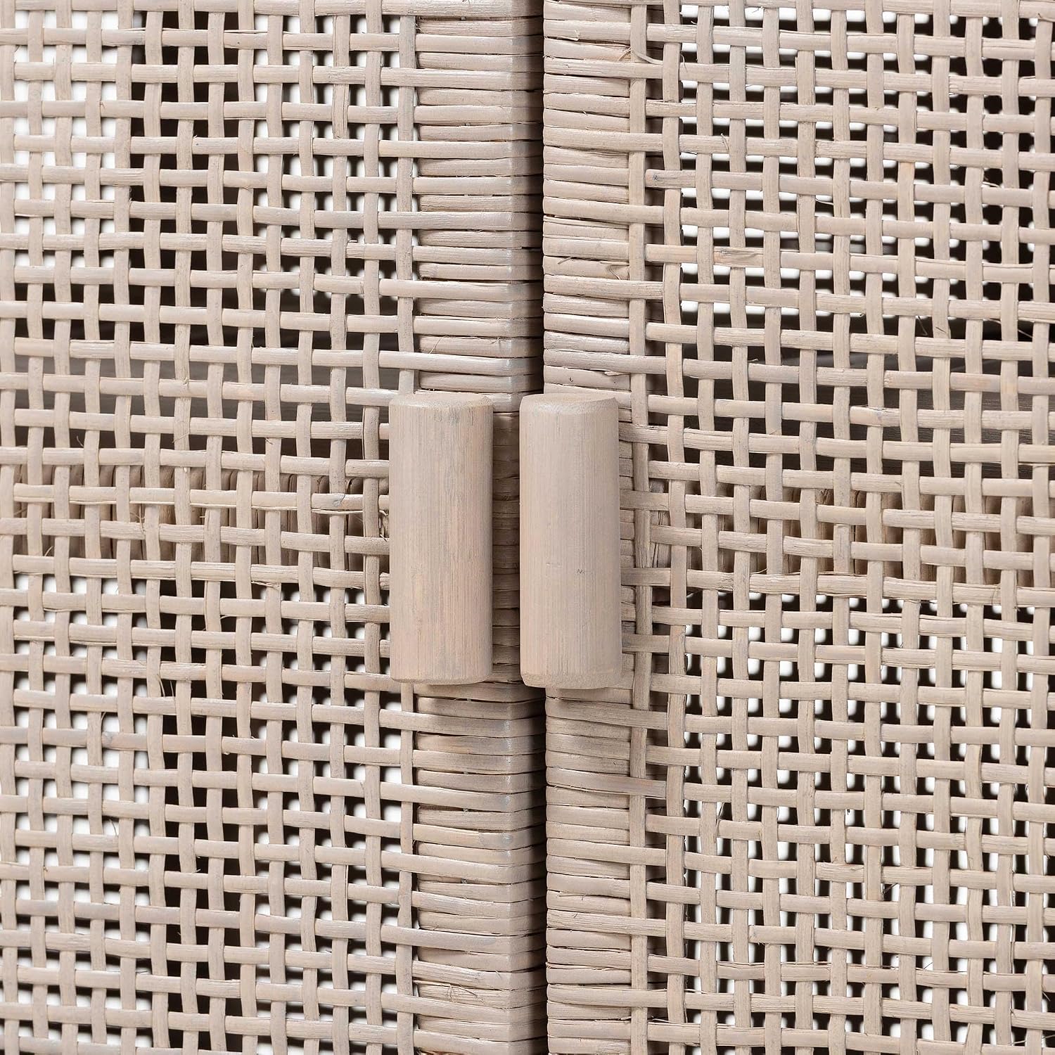 Bali & pari Vivan Natural Rattan Storage Cabinet - 2-Tier Handwoven Wicker Accent Cabinet with Double Doors and Elevated Base, French Grey