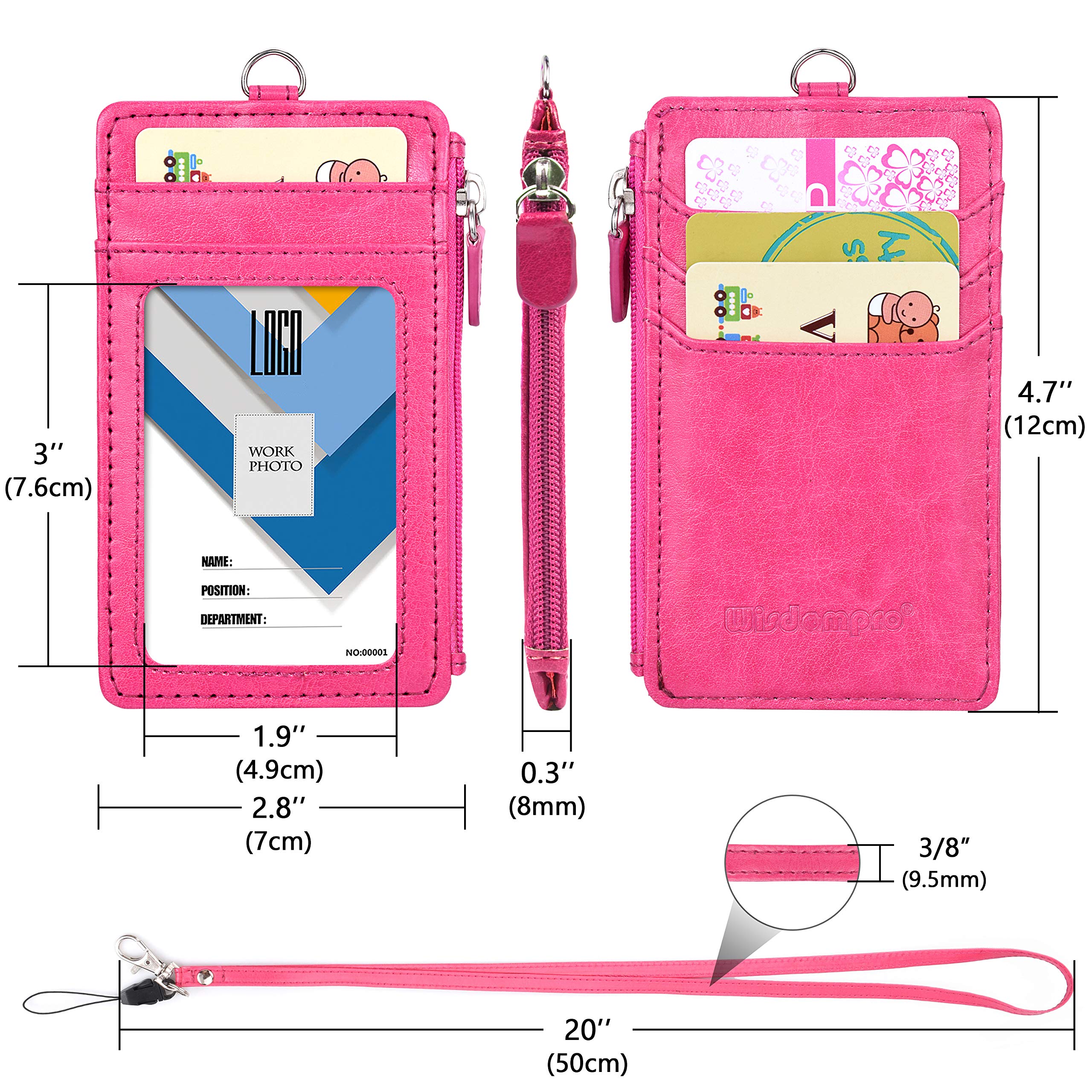 Wisdompro Porta Badge da Collo con Cerniera, 50 cm Portachiavi, 4 Slot, Finestra Trasparente, Rosa Caldo