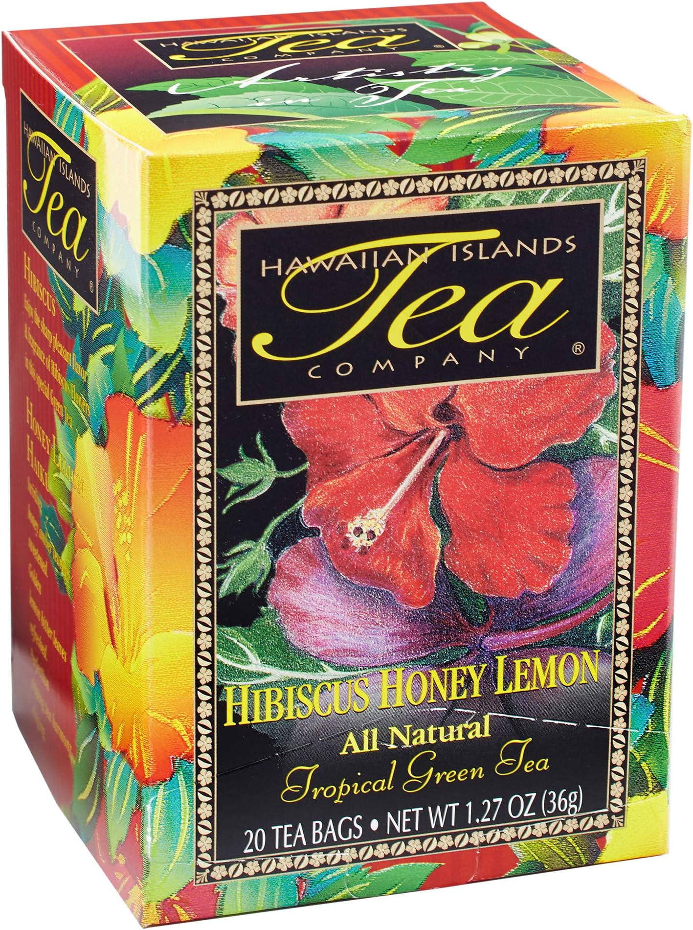 Hawaiian Islands Tea Company Hibiscus Honey Lemon Tropical Green Tea, All Natural - 20 Teabags (1 Box)