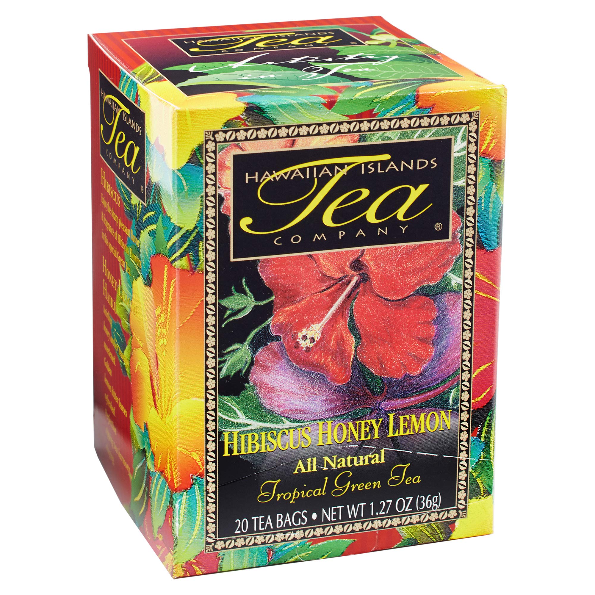Hawaiian Islands Tea Company Hibiscus Honey Lemon Tropical Green Tea, All Natural - 20 Teabags (1 Box)
