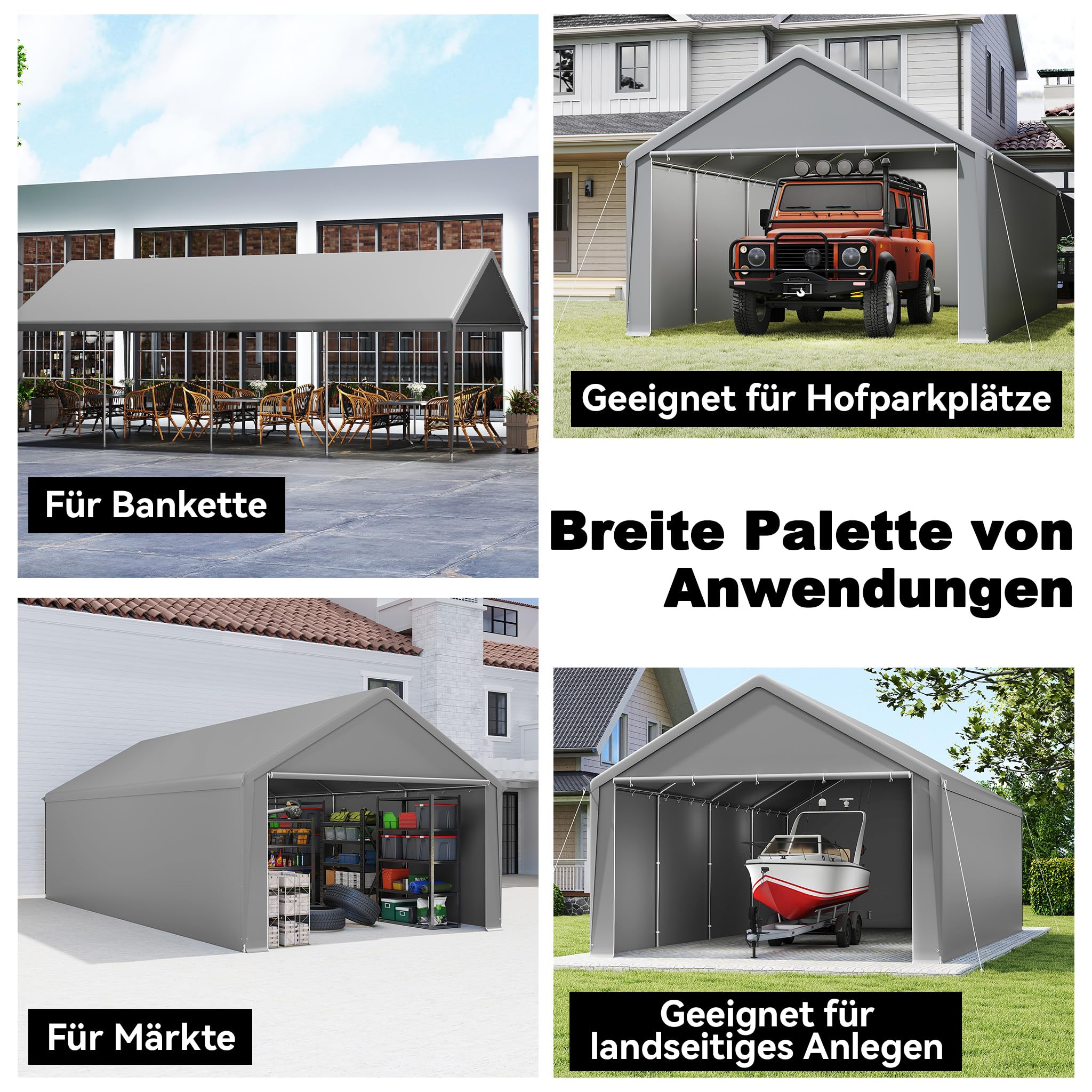 FIVMEN Carport, tente, 4 x 8 m, grande tente de garage, de rangement, avec parois latérales amovibles, résistant à l'hiver, mobile, pour voiture, SUV, camion, gris