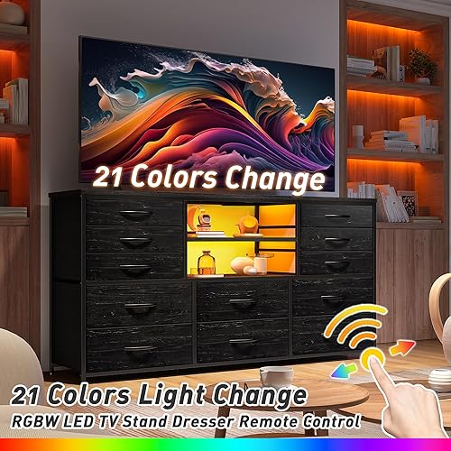 Miniatura 5 de EnHomee - Cómoda negra con luces LED y estación de carga, soporte de TV para televisor de 60 pulgadas, cómodas anchas y cómodas con estantes Negro
