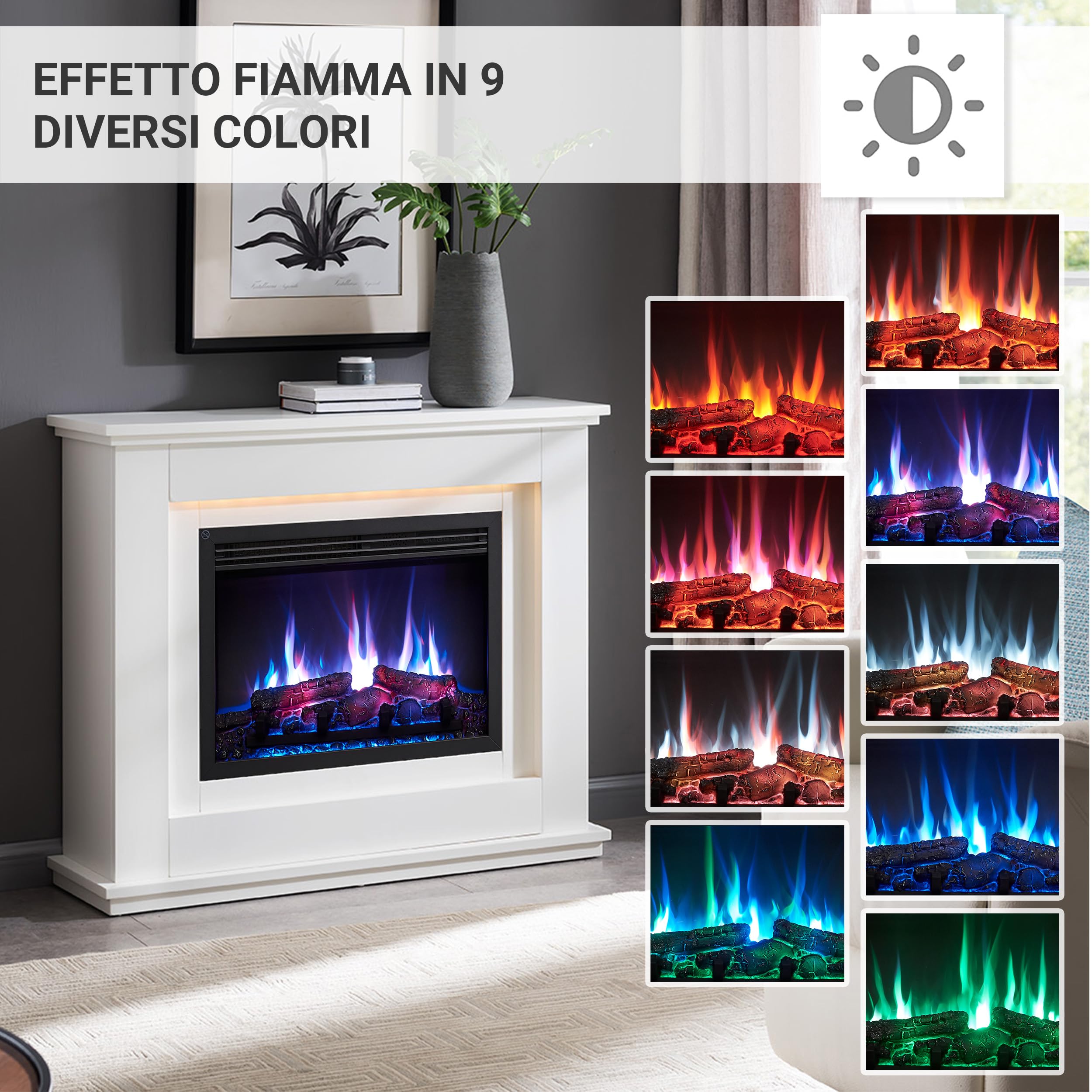 BALDERIA camino elettrico Baldur | Caminetto elettrico a pavimento con effetto fiamma 3D | Riscaldamento elettrico 2000 W | Focolare con app, telecomando, timer, termostato | Bianco