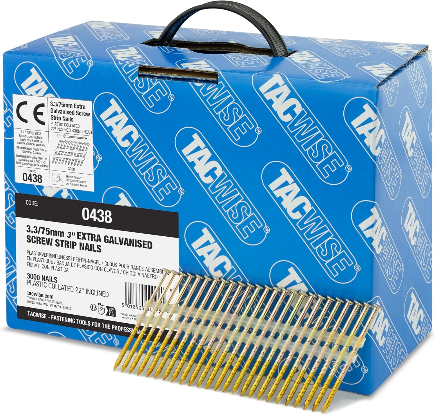 TACWISE 0438 3.3/75 mm Extra Galvanised Framing Nails, Round Head, Screw Shank, 22° Inclined, Plastic Collated, Pack of 3,000, Silver