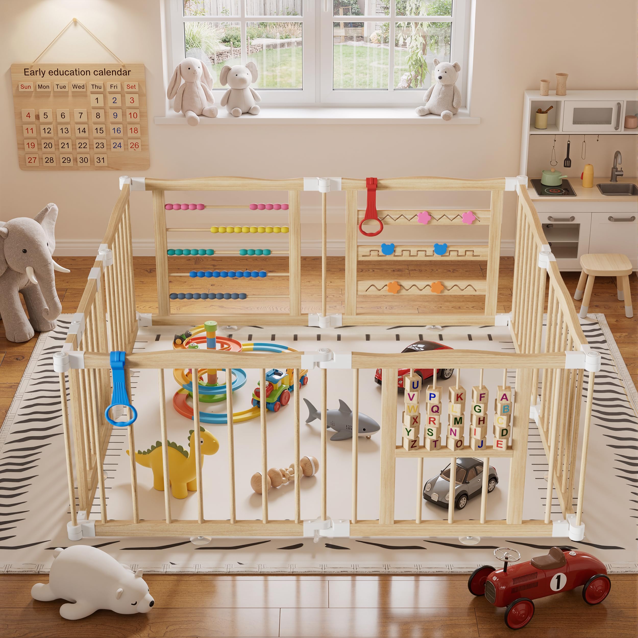 MSFE Parc Bebe Pliable Bois,8 éléments Playpen Baby avec Porte,Verrou de Sécurité et Jouets D'activités Montessori,Taille et Forme Réglables,Espace d'éveil Joyeux pour Bébés et Tout-petits