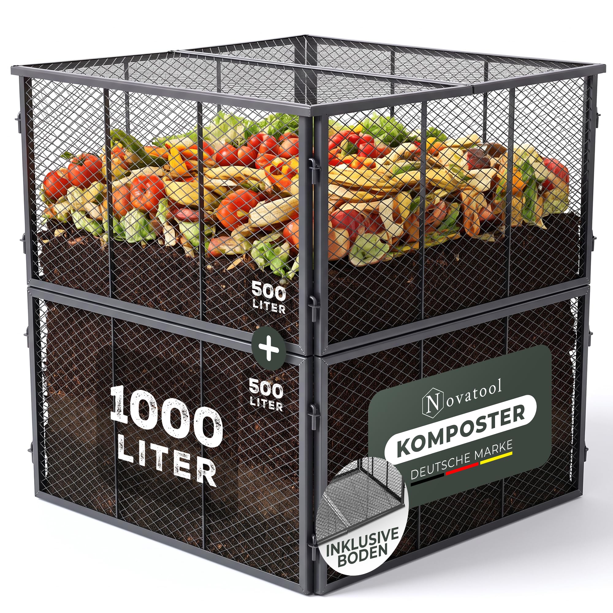 Novatool Compostiera da giardino in metallo, 100 x 100 x 100 cm + coperchio e fondo, con spina espandibile, compostiera metallica verniciata a polvere con volume di 1000 litri, per compost