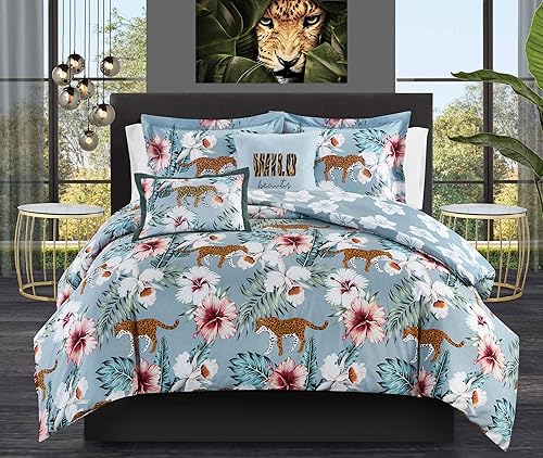 Chic Home Myrina - Juego de edredón reversible de 4 piezas con estampado de leopardo tropical, incluye almohadas decorativas, individual, azul