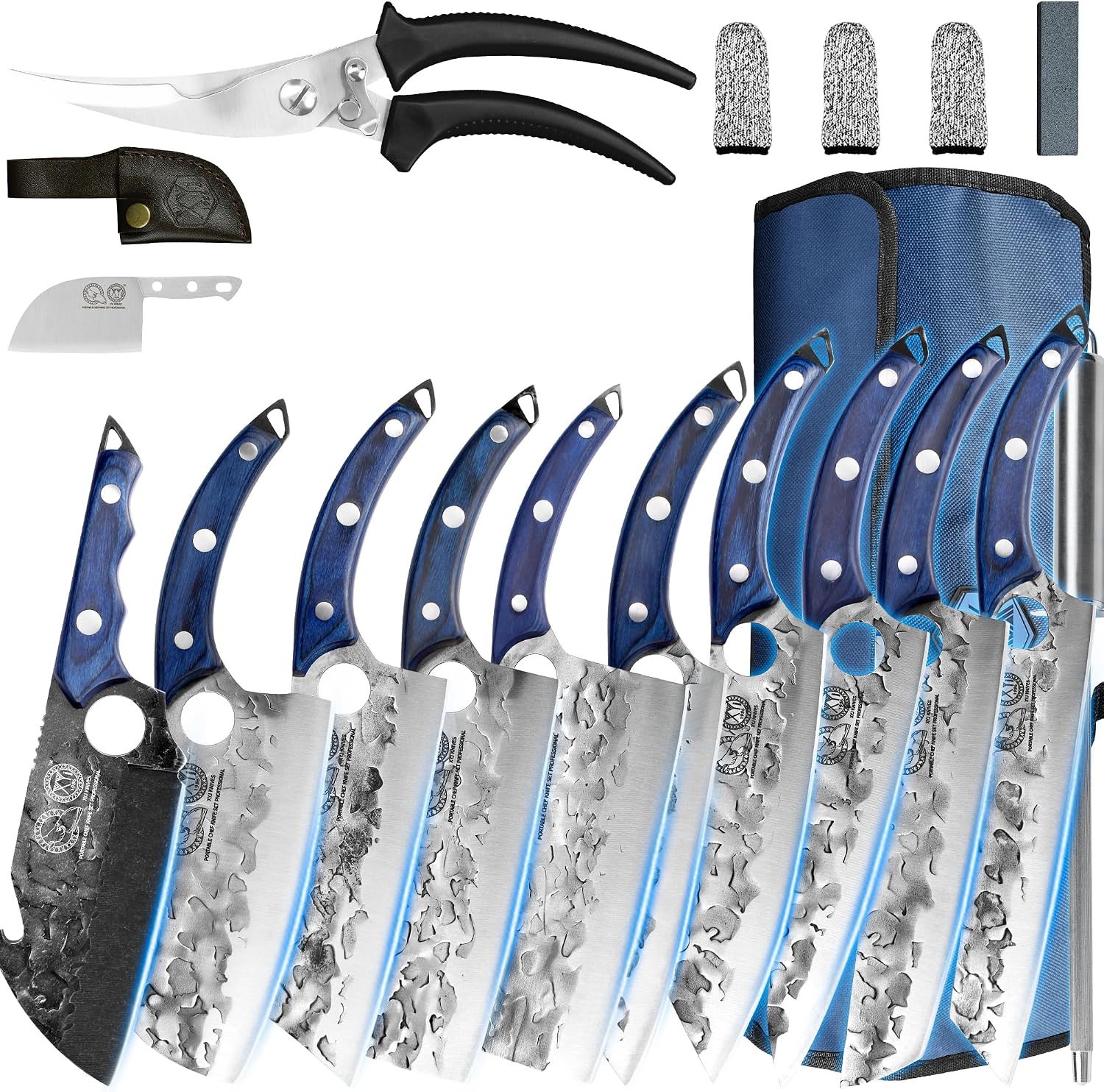 XYJ Authentic Since 1986,10-pcs Kitchen Knife Set,High Carbon Steel Forged Chef Knives,Vegetable Meat Cleaver,Carving,Nakiri,Full Tang,Cutlery Knife With Carry Bag,Sharpener&Poultry Scissor (Blue)
