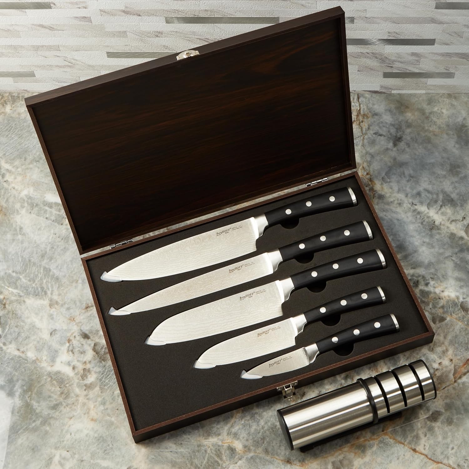 Berghoff Antigua 7Pc Stainless Steel Cutlery Kitchen Knife Set with Wood Case & Sharpener, PP Handle With Three-rivets Sharp Blade