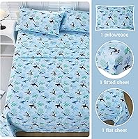 Vista 2 de Viviland - Juego de sábanas para cama individual de 3 piezas para niños y niñas, azul océano - Sábanas bajeras ajustables y planas de microfibra