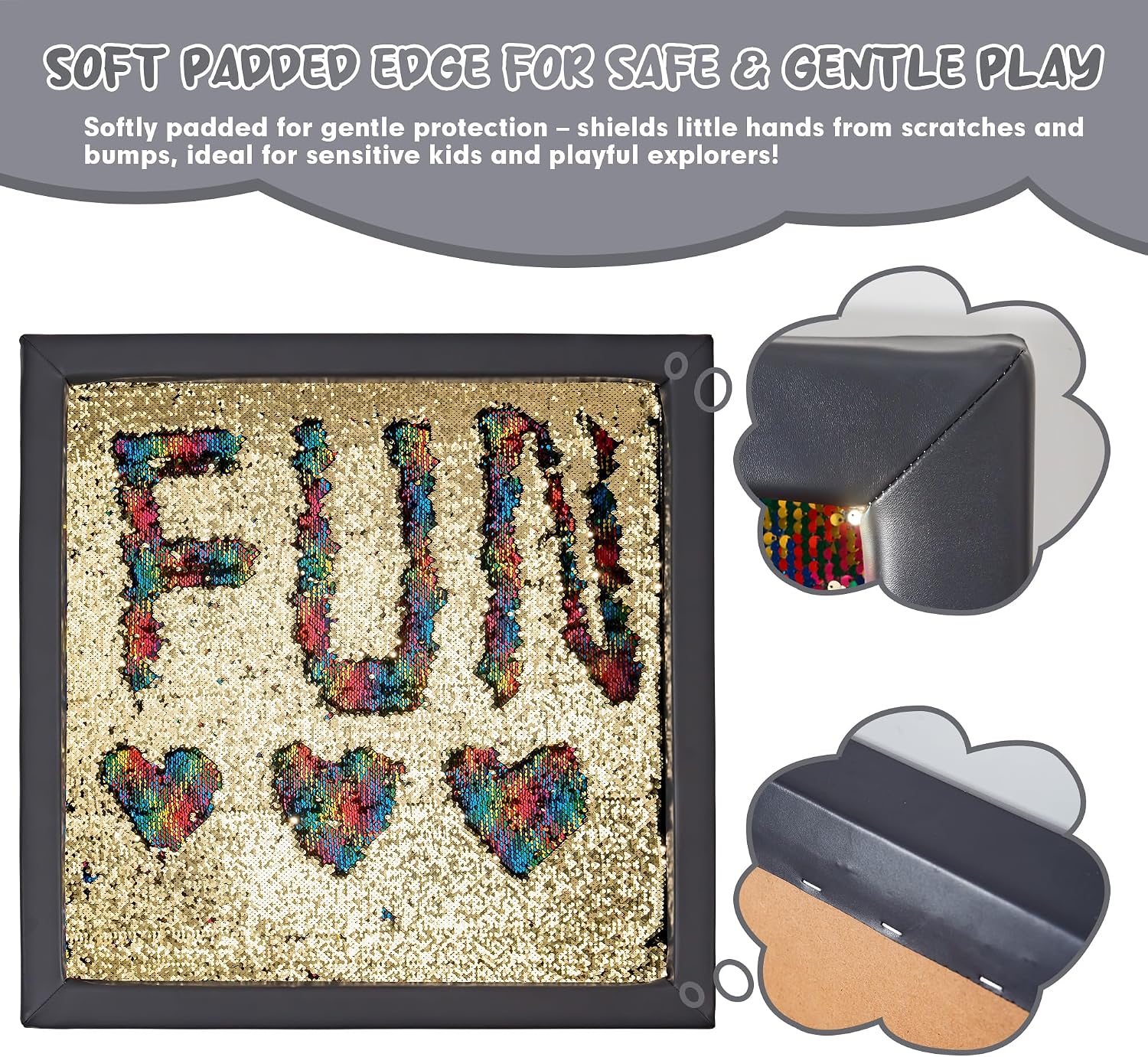 Extra Wide Sensory Wall Sequin Panel, 33"x33" Large Square Reversible Sequin Fabric Board with Soft Padded Frame, Calming Sensory Play for Kids, Therapy, Daycare, School and Home Use (Grey Frame)