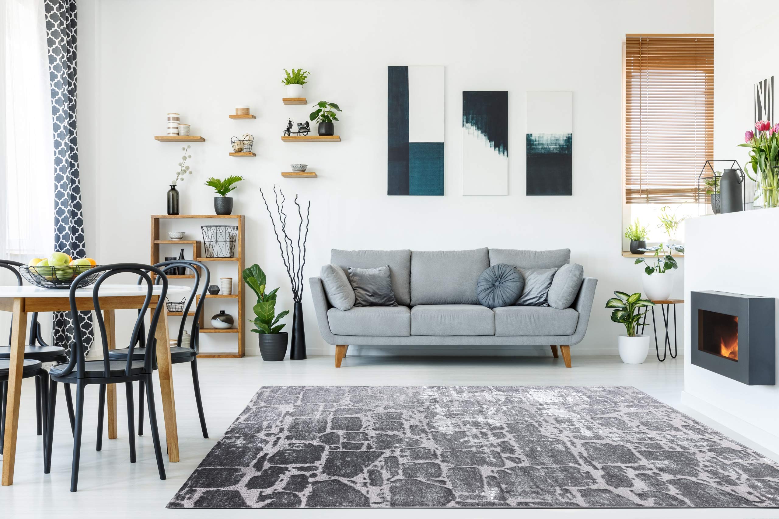 rugsx MEFE 6184 nowoczesny dywan do salonu, z cegły, strukturalny, dwa poziomy z włókniny, ciemnoszary, srebrny, wymiary 120 x 170 cm