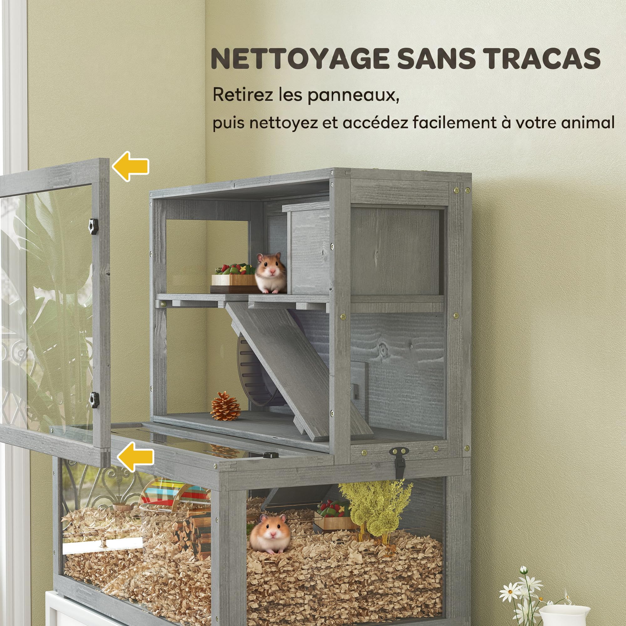 PawHut - Jaula de hámster de madera de 3 niveles con cabaña, rueda 80 x 50 x 84 cm, color gris | Jaula roedor, Rampas, Panel transparente, Espacios separados, para hámsters enanos, Gerbolitas