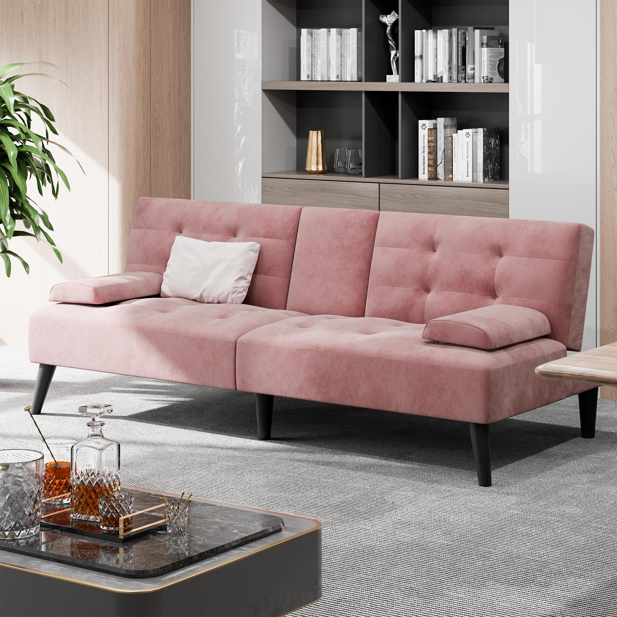 Shintenchi 64" Futon Sofa Bed, Velvet Foldable Couch, Reclining Sleeper with Removable Armrests, Upholstered Loveseat Sofa Couch with Folding Cup Holders for Home, Office, Pink