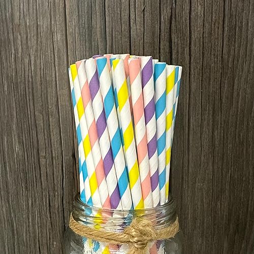 Miniatura 2 de Pajitas de papel de Pascua a rayas pastel, azul claro, rubor, rosa, amarillo, verde menta, 7.75 pulgadas, paquete de 100 unidades