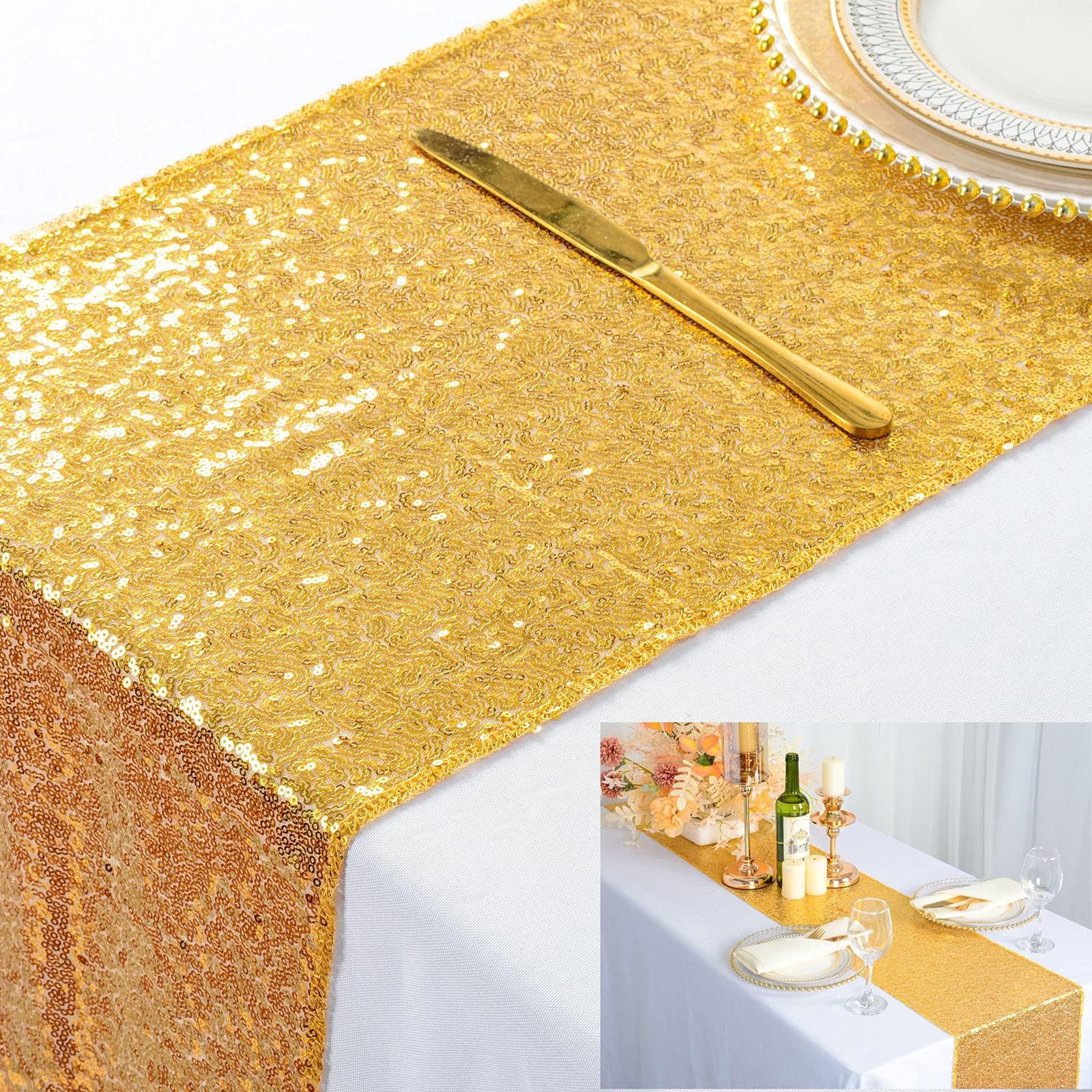 Manyshofu 5Pcs Gold Satin Table Runner 12 x 108 Inch, Damask Table Runner Decor