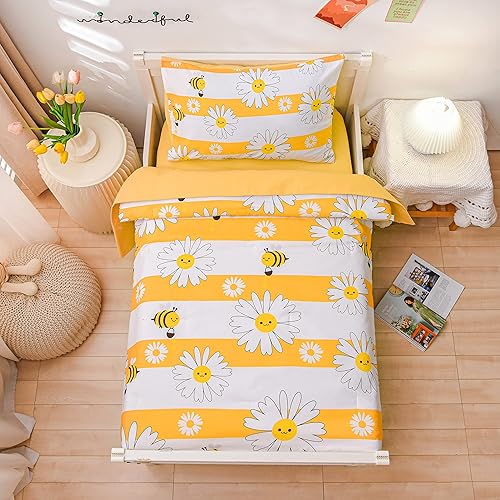 Btargot Juego de ropa de cama ultrasuave de 4 piezas para niños pequeños, juegos de edredón de rayas coloridas con estampado de abejas y flores para