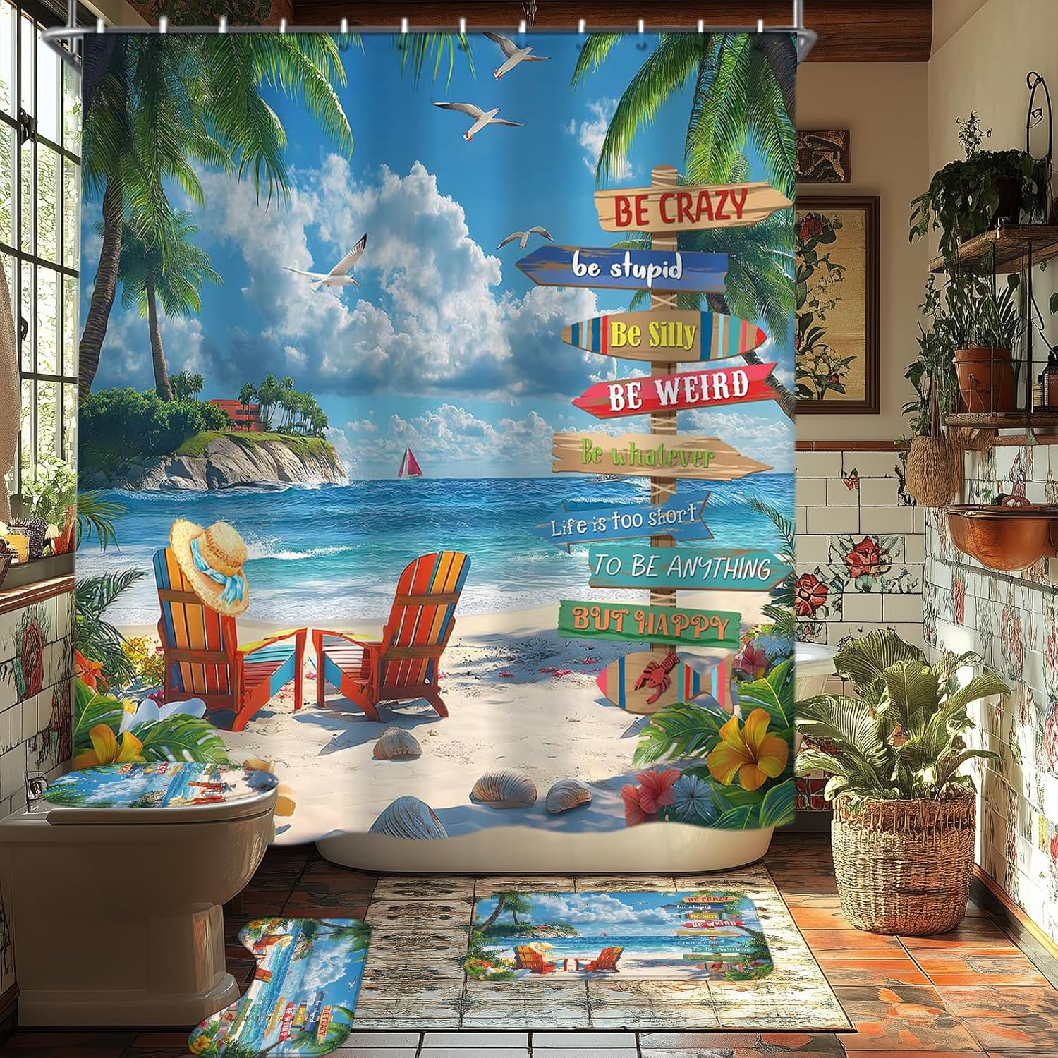 Lofaris 4pcs Tropical Beach Shower Curtain Set, Vibrant Ocean Scene with Palm Trees and Inspirational Quotes, Includes Non-Slip Bath Mat, Toilet Lid Cover, and Floor Mat