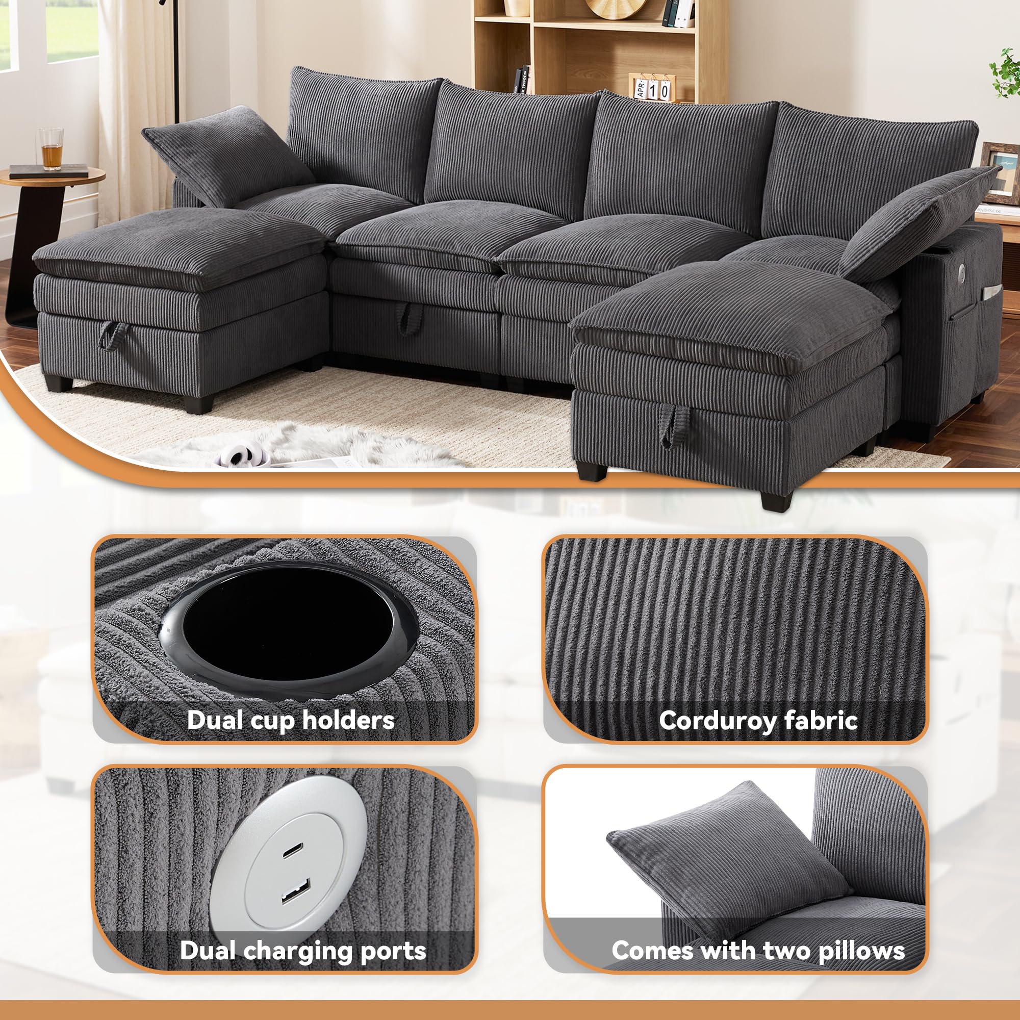 Yihomfy Canapé d’Angle Modulable en L/U 280 cm, 6 Places avec Repose-Pieds Amovible, Rangement, Porte-gobelet,Canapé Profond pour Salon, Canapé Convertible de Salon Moderne,Gris