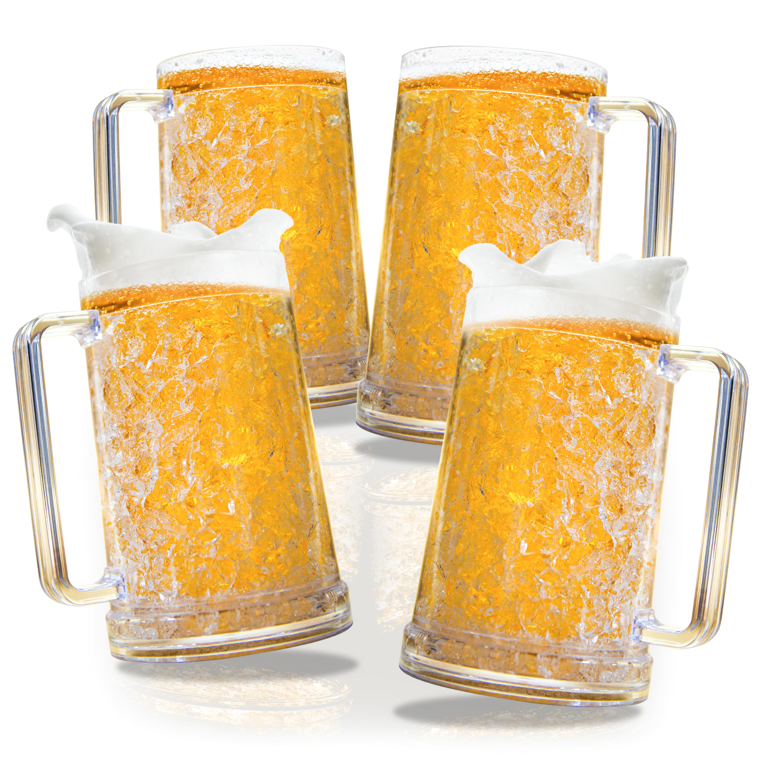Granatan Gefrierschrank-Bierkrug-Set, doppelwandig, 473 ml, Gelbecher für Gefrierschrank, Acryl-Kunststoff-Bierkrug mit Griff, eiskalte Gläser für Männer, Grill- und Pool-Partys (transparent), 4 Stück