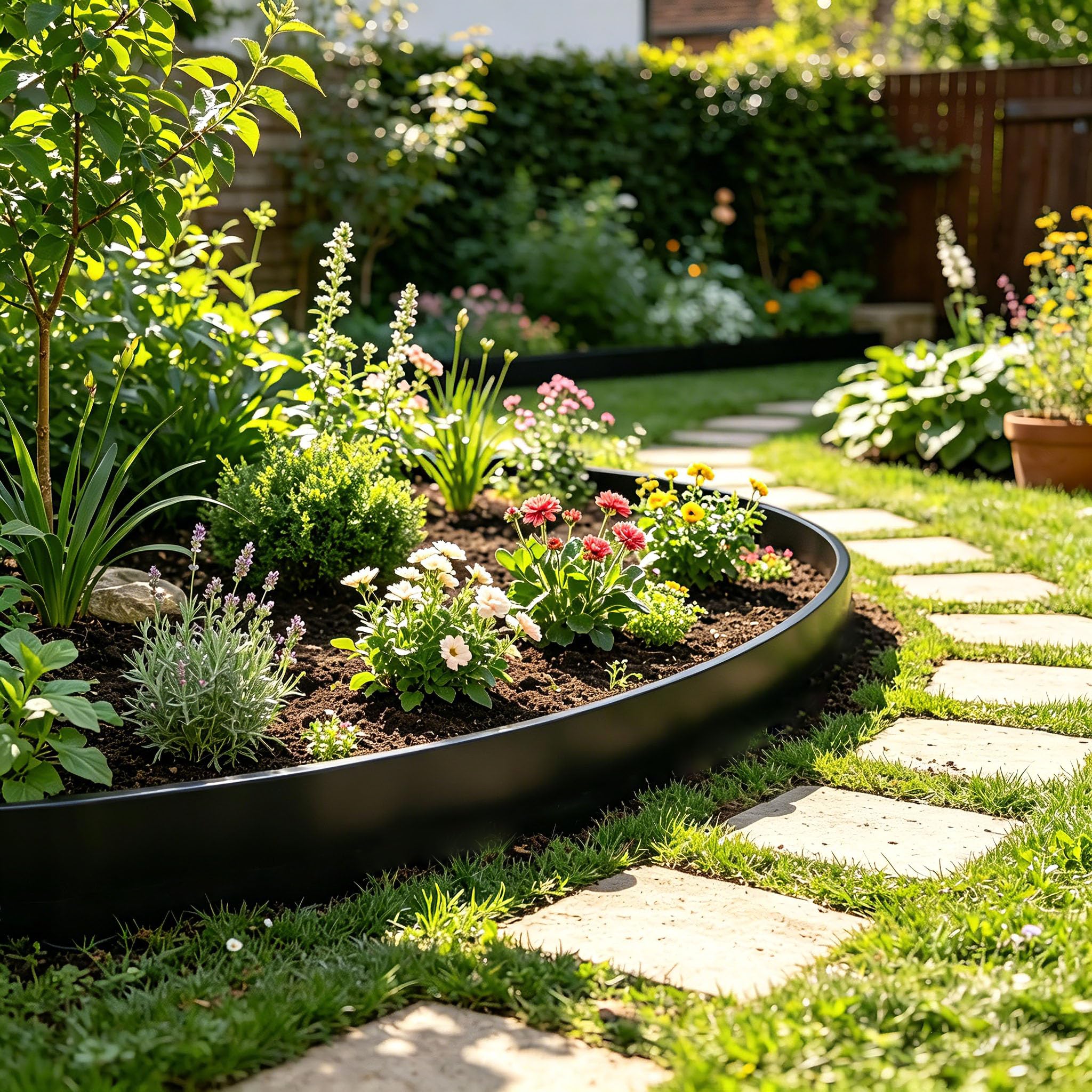 Omdekor Borde flexible de plástico para bordes de jardín, 15 m x 10 cm de altura, con 75 anclajes de tierra, borde de arriates, juego para listones de borde de jardín