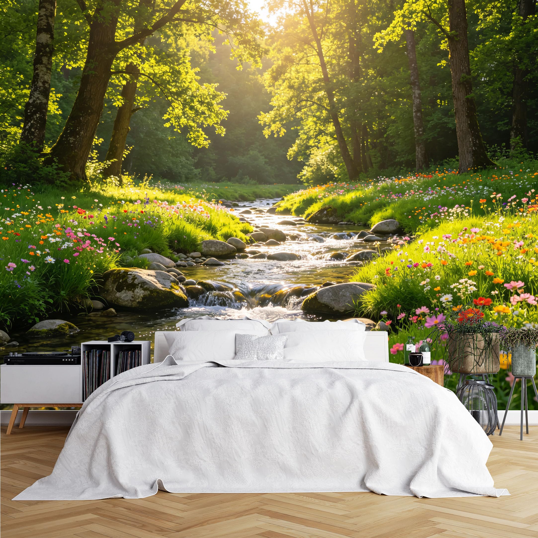 Lcythiazole Ch260615084 Custom Size Wall Murals Sunbeam Forest Stream Wildflowers Wall Murals Realistic Nature Wallpaper Wall Covering Fabric Self-Adhesive Removable Wallpaper For Hallway Study