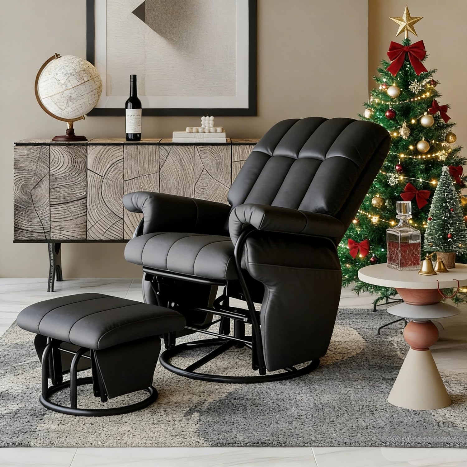 AODAILIHB 360° Swivel Glider Recliner with Ottoman, Nursing Glider Rocking Chair with Foot Rest & 2 Side Pockets for Nursery, Living Room, Bedroom, Office, Black