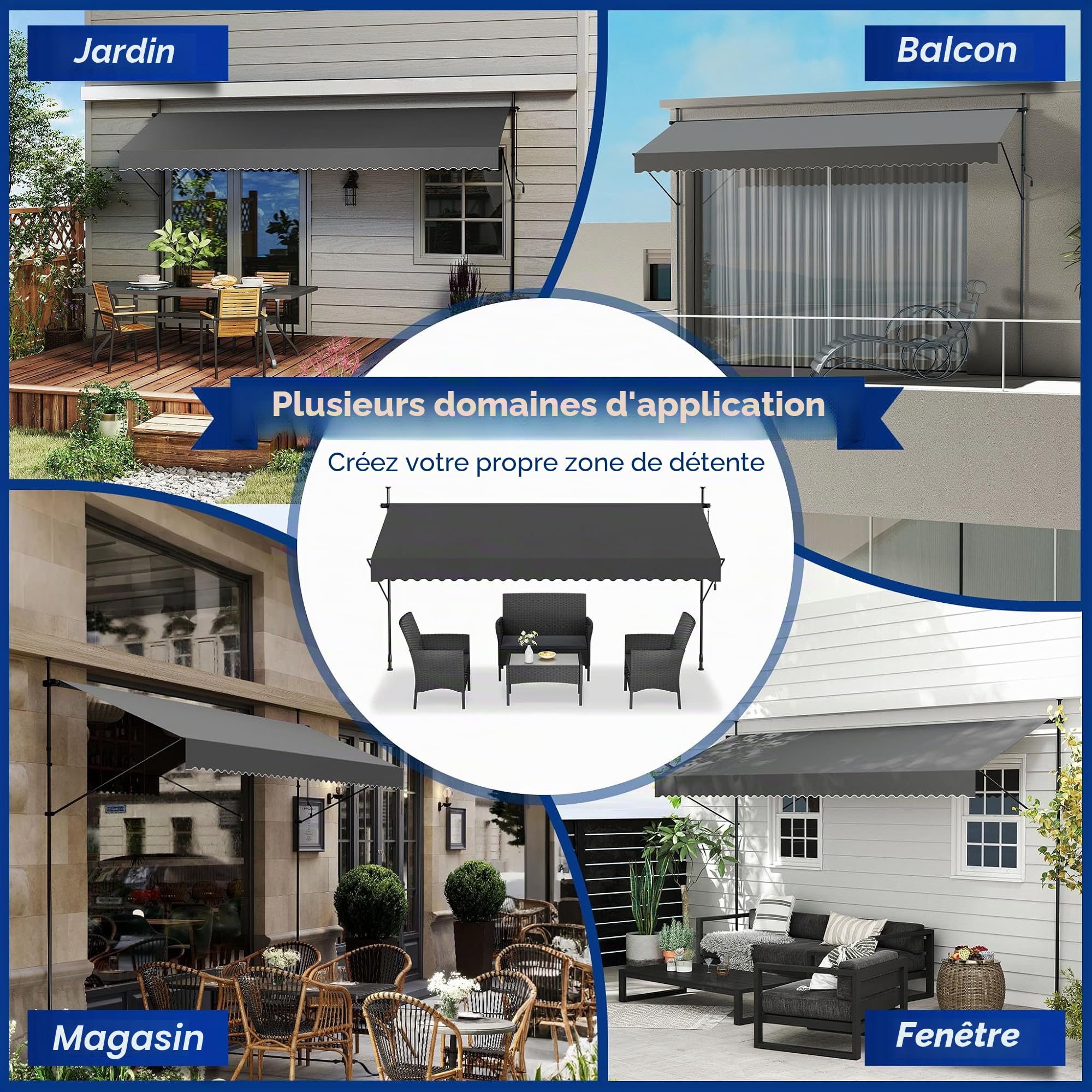 UISEBRT Store de balcon réglable sans perçage, protection UV, protection solaire, résistant aux intempéries, gris foncé (3 x 1,20 m, gris foncé)