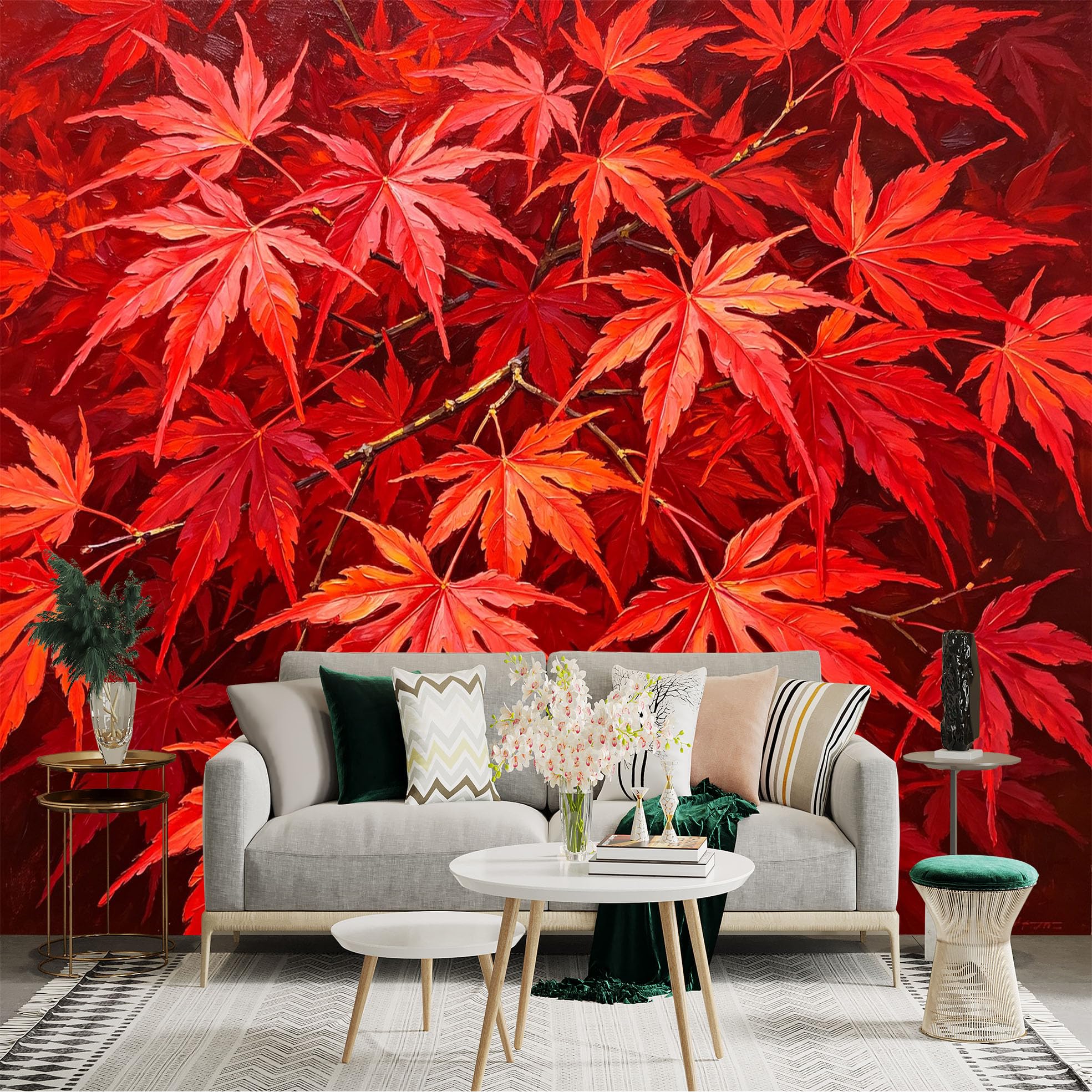 Lnzczhyre Dbh260521008 Custom Size Wall Sticker Mural， Vivid Red Maple Leaves， Autumn Forest Foliage， Vibrant Botanical Art， Fall Season Nature， For Wall Decoration， Peelandstick Wall Decals.