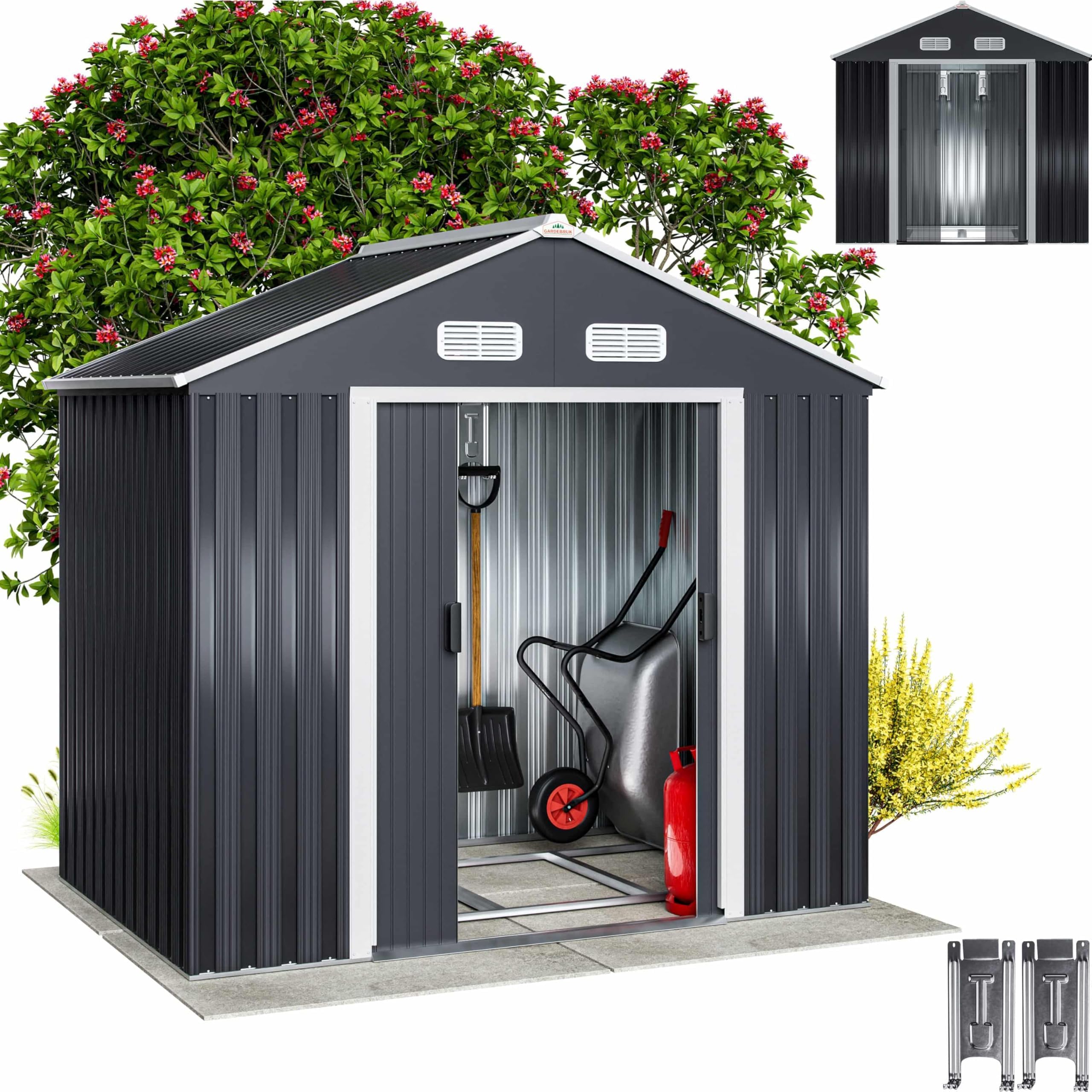 GARDEBRUK® 6x4ft Metal Garden Shed with Foundation, Outdoor Storage for Garden Furniture, Apex Roof, Bike Storage with Sliding Door, Galvanised Steel Shed for Lawnmower, 200x135x190cm, Anthracite Grey