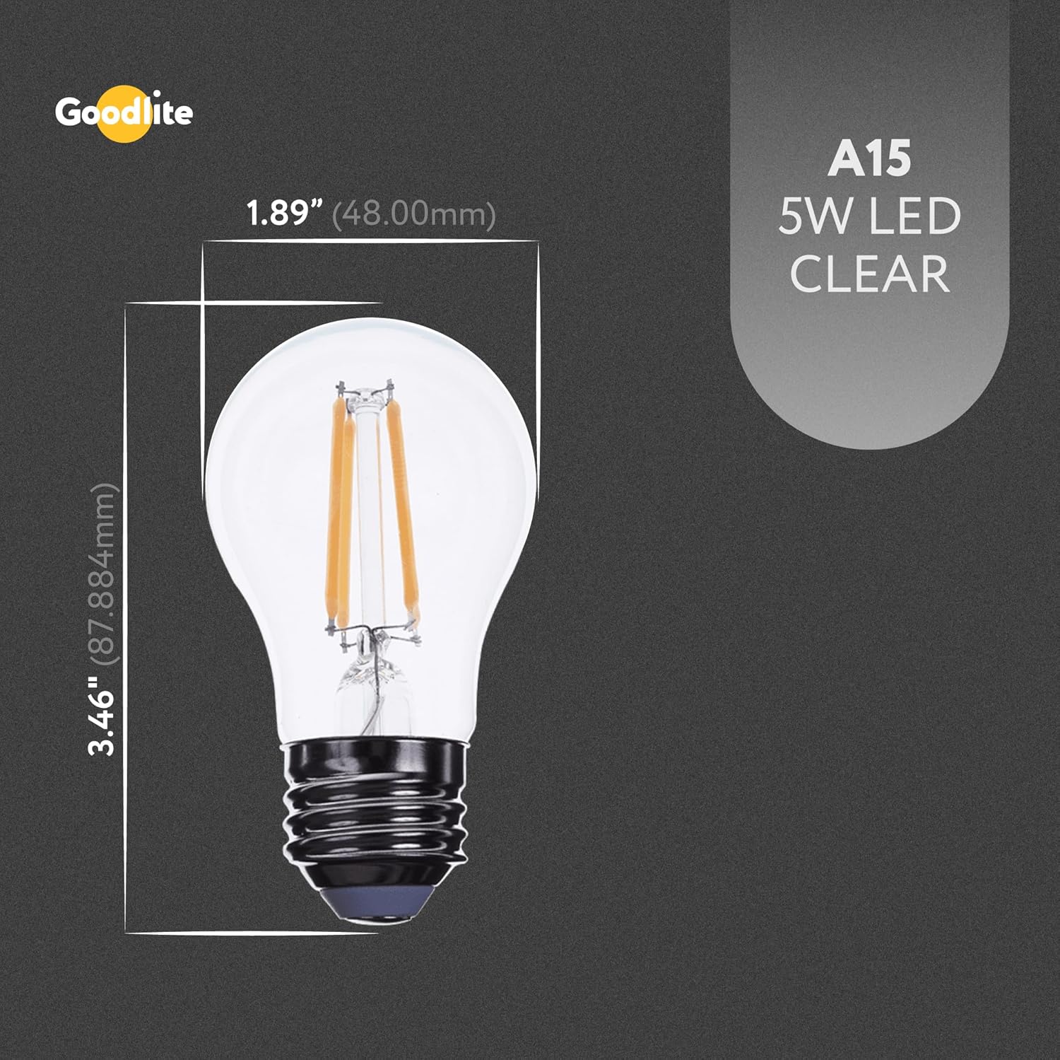 Goodlite G-19754 5W A15 LED Light, 500 Lumens 60W Equivalent E26 Base Dimmable Clear,Appliance Bulb, Warm White 3000K