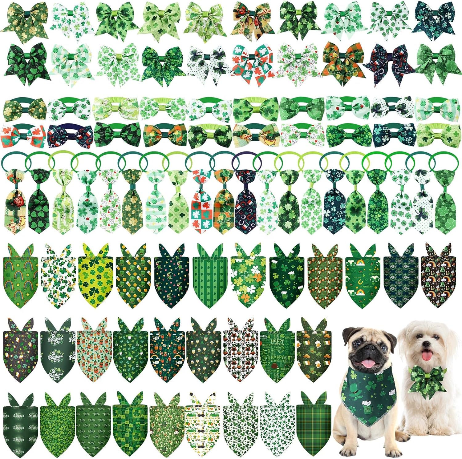 Reginary 120pcs St. Patrick's Day Dog Bandanas Bulk Set - Triangle Bandanas, Bow Ties, Floral Collars, Neckties for Small Medium Large Pets, Adjustable Washable