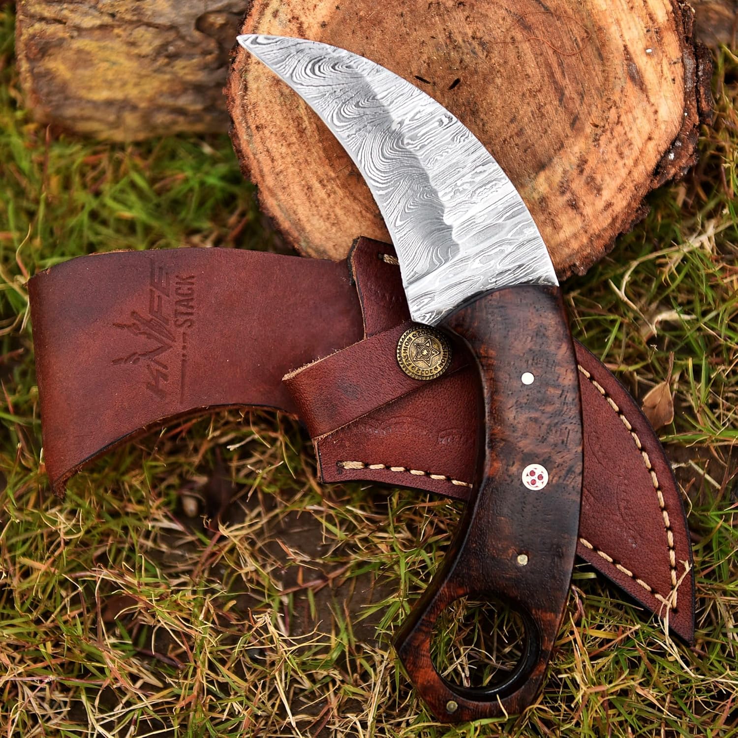Crafted Folding Design Damascus steal Hunting Knife - Fixed Blade knife Rosewood Handle with Leather Sheath - Ideal for Skinning Camping Outdoors
