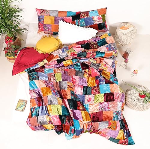 Miniatura 8 de Juego de 3 piezas de ropa de cama de terciopelo con patrón liso, funda de edredón bohemia de lujo aplastada Ultra Donna (Crush - azul, Queen de 90 x