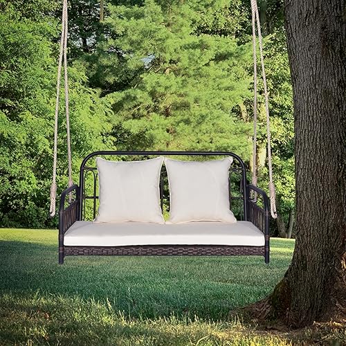 Miniatura 9 de Tangkula Columpio de mimbre para porche al aire libre, asiento colgante para 2 personas con cojines de asiento y respaldo, marco de metal resistente