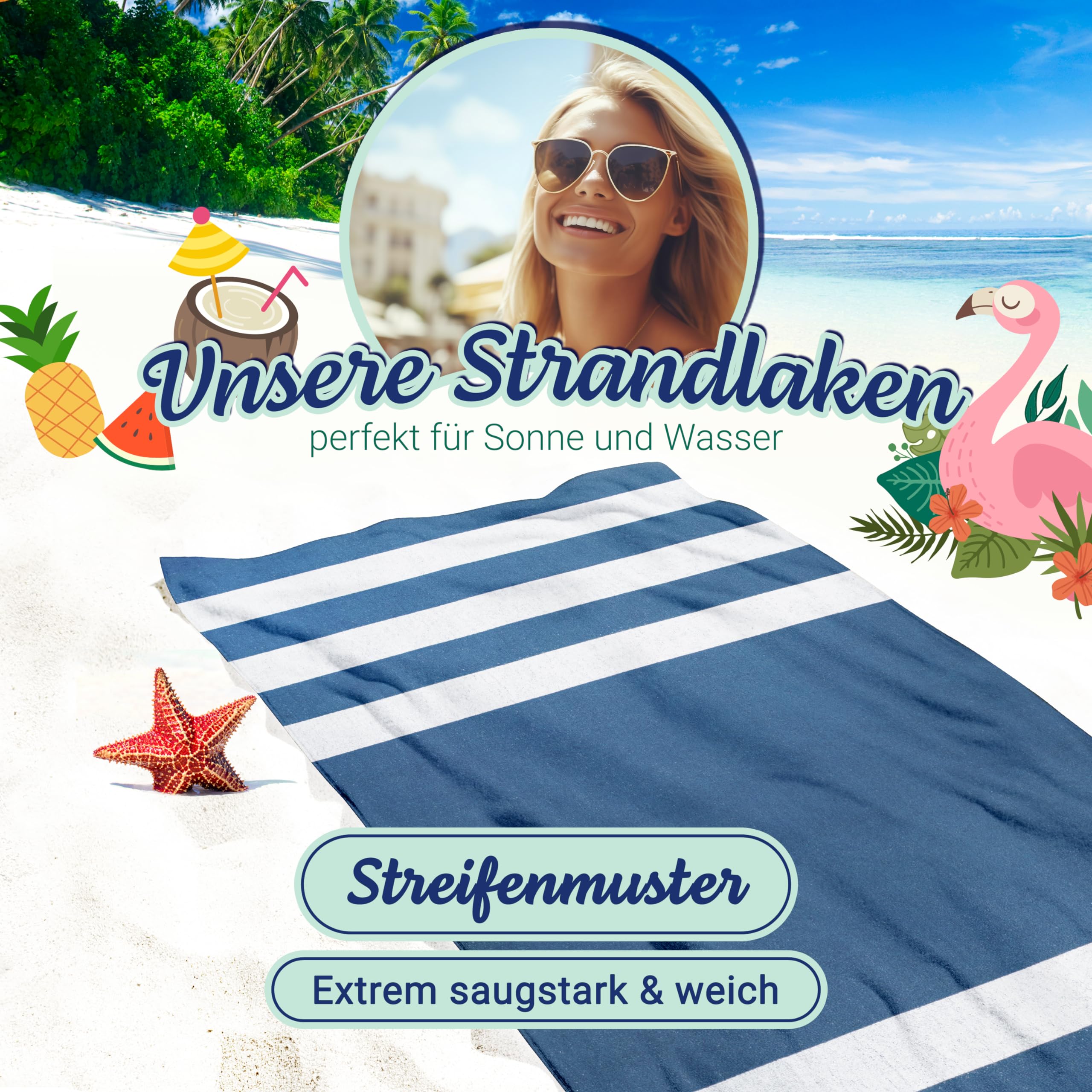 ZOLLNER Strandtuch - strapazierfähiges und saugstarkes Badetuch in 100x200 cm - waschbar bis 60°C - Baumwolle - mit sportlichem Streifenmuster in blau - Oeko Tex® Zertifiziert