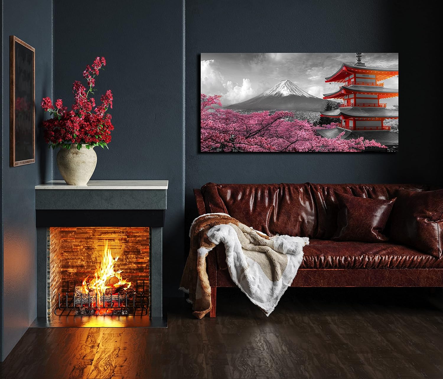 Japanese Wall-Art for Bedroom - Pink Wall Decor - Cherry Blossom Wall Art Living Room Large Mount Fuji Pictures Poster Ready to Hang Size 40" x 20"