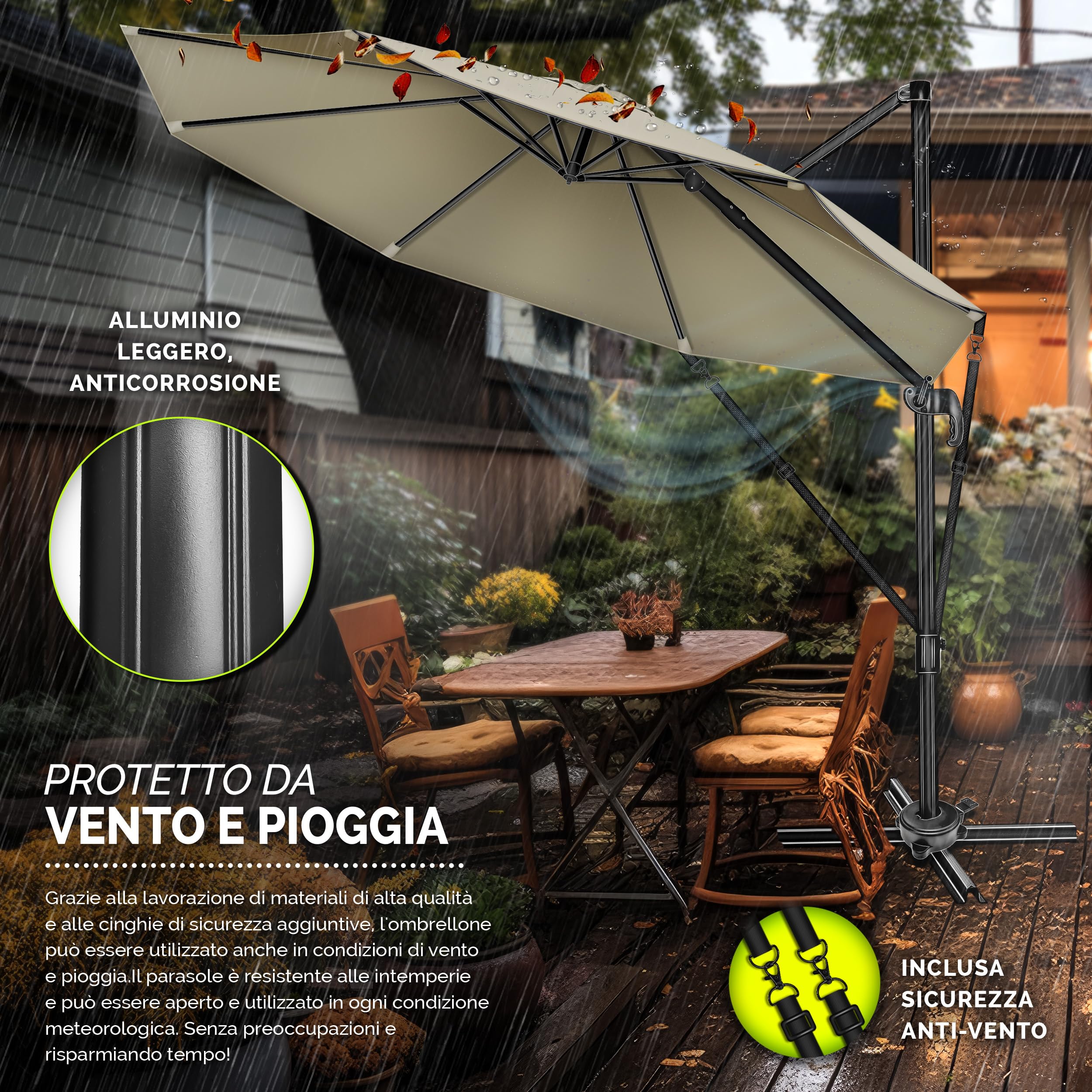 tillvex® Premium ombrellone da giardino 330 cm + copertura e protezione dal vento | Ombrellone a sbalzo regolabile a 7 pieghe con manovella | Ombrellone in alluminio girevole a 360° inclinabile