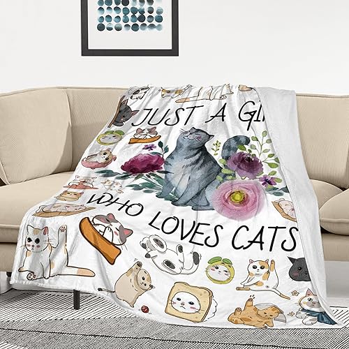 Miniatura 3 de Manta de franela ultrasuave con diseño de gato con la frase "Just a Girl Who Loves Cat", regalos para amantes de los gatos, manta ligera y acogedora