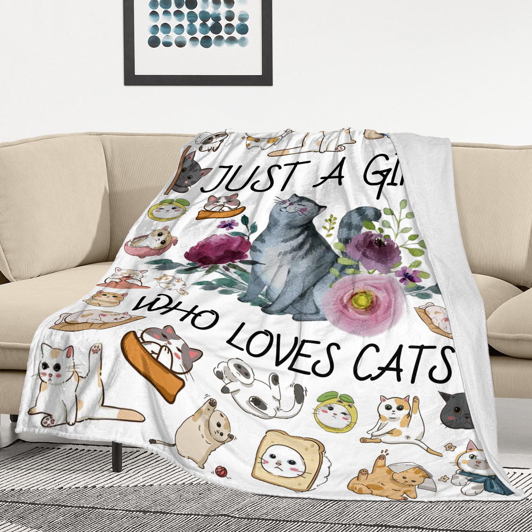 Katzendecke, ultraweiche Flanell-Überwurfdecke, "Just a Girl", das Katzen liebt, Decken, Katzengeschenke für Katzenliebhaber, gemütliche, leichte Decken für Damen, Kinder, Erwachsene, 203 x 152 cm