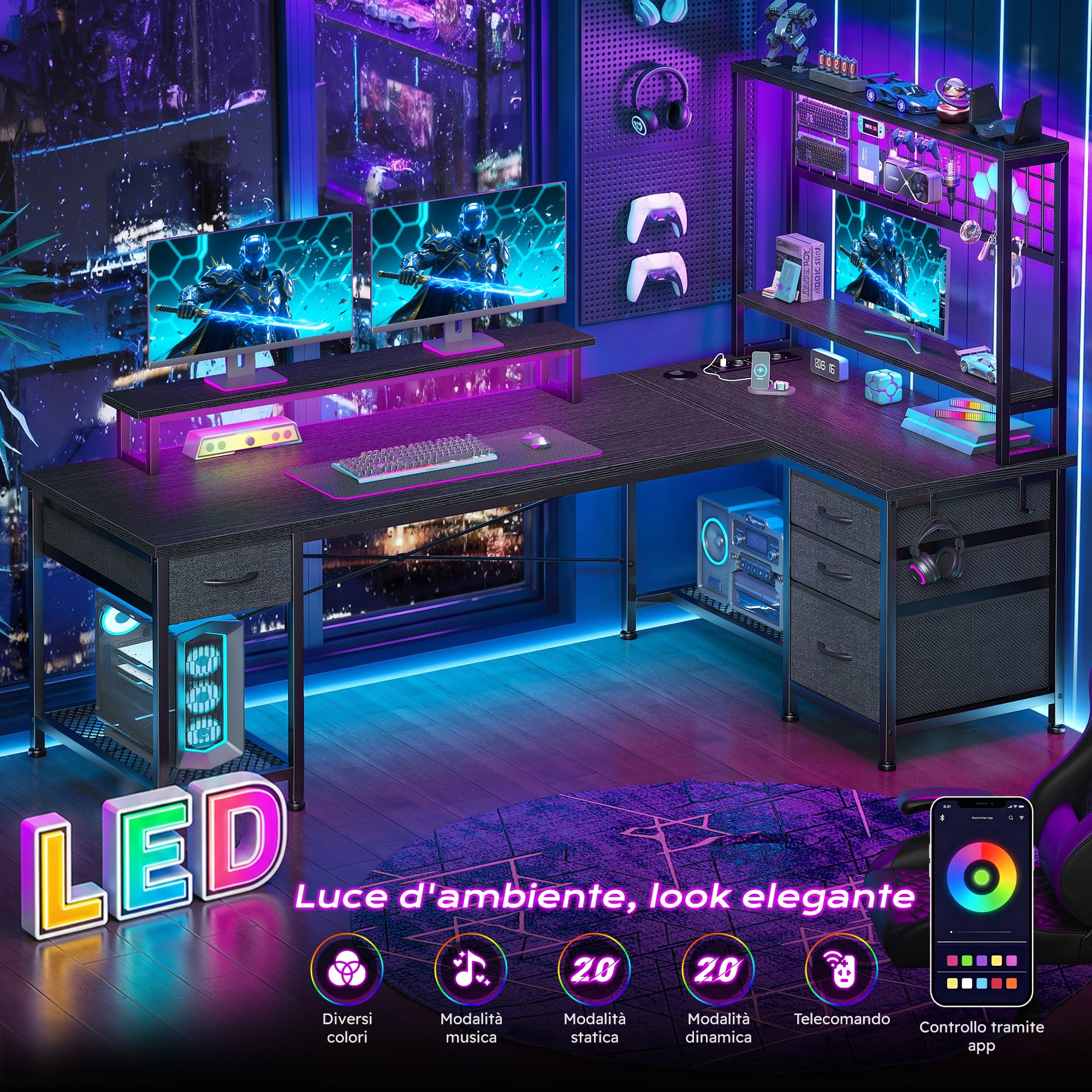 140x100cm Forma a L Gaming Scrivania con Libreria, LED per Lavorare