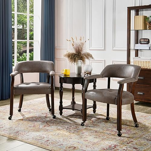 Miniatura 40 de Juego de 4 sillas de cuero de comedor con ruedas y brazos, silla de capitán Accent con ruedas, sillas de madera con ruedas enrollables para cocina y
