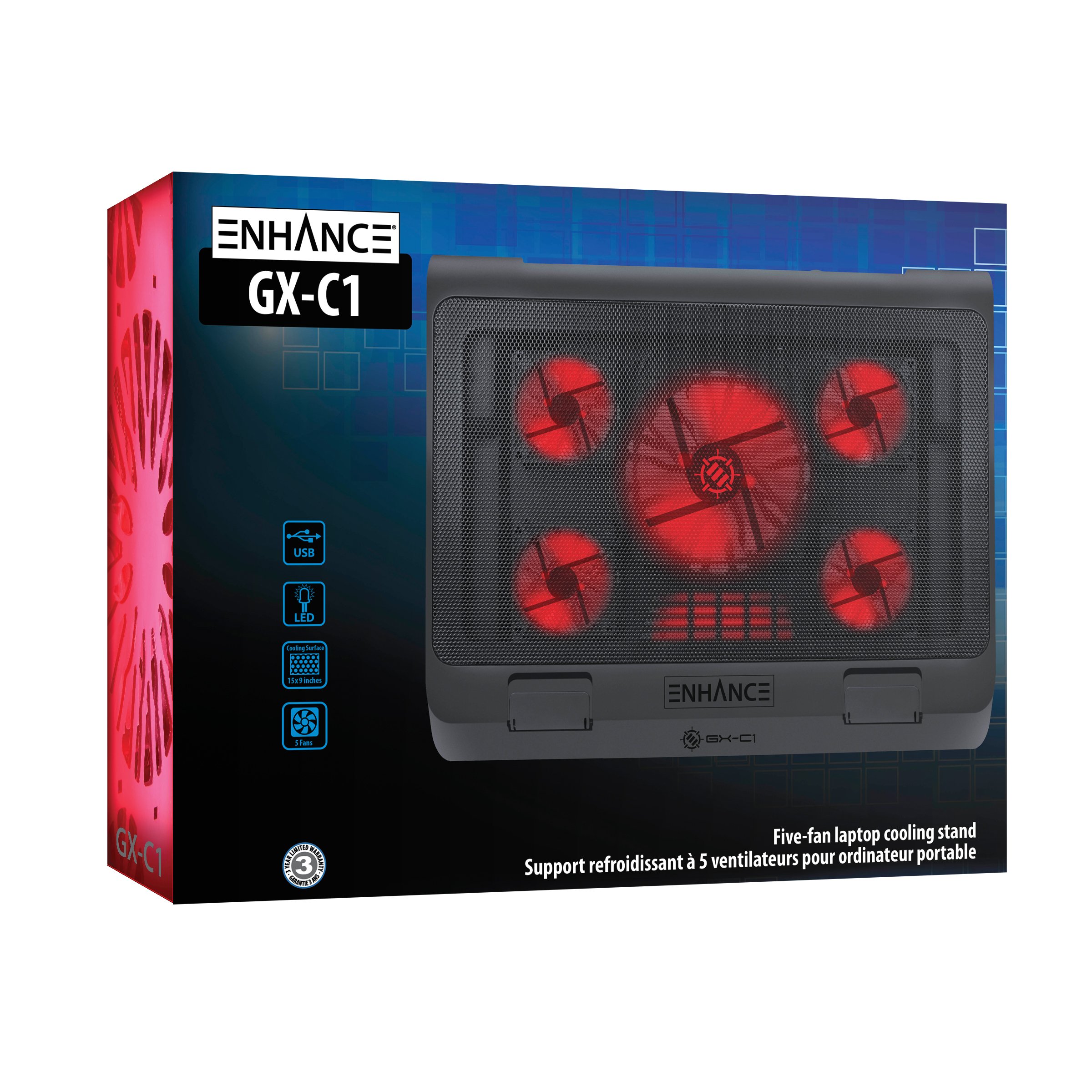 ENHANCE Supporto di raffreddamento per PC Portatile Gaming con Ventole a LED, Altezza Regolabile E 2 Porta USB - 5 Ventole Silenziose Ad Alta Prestazioni A 2630 RPM E Paraurti Interni - Rosso