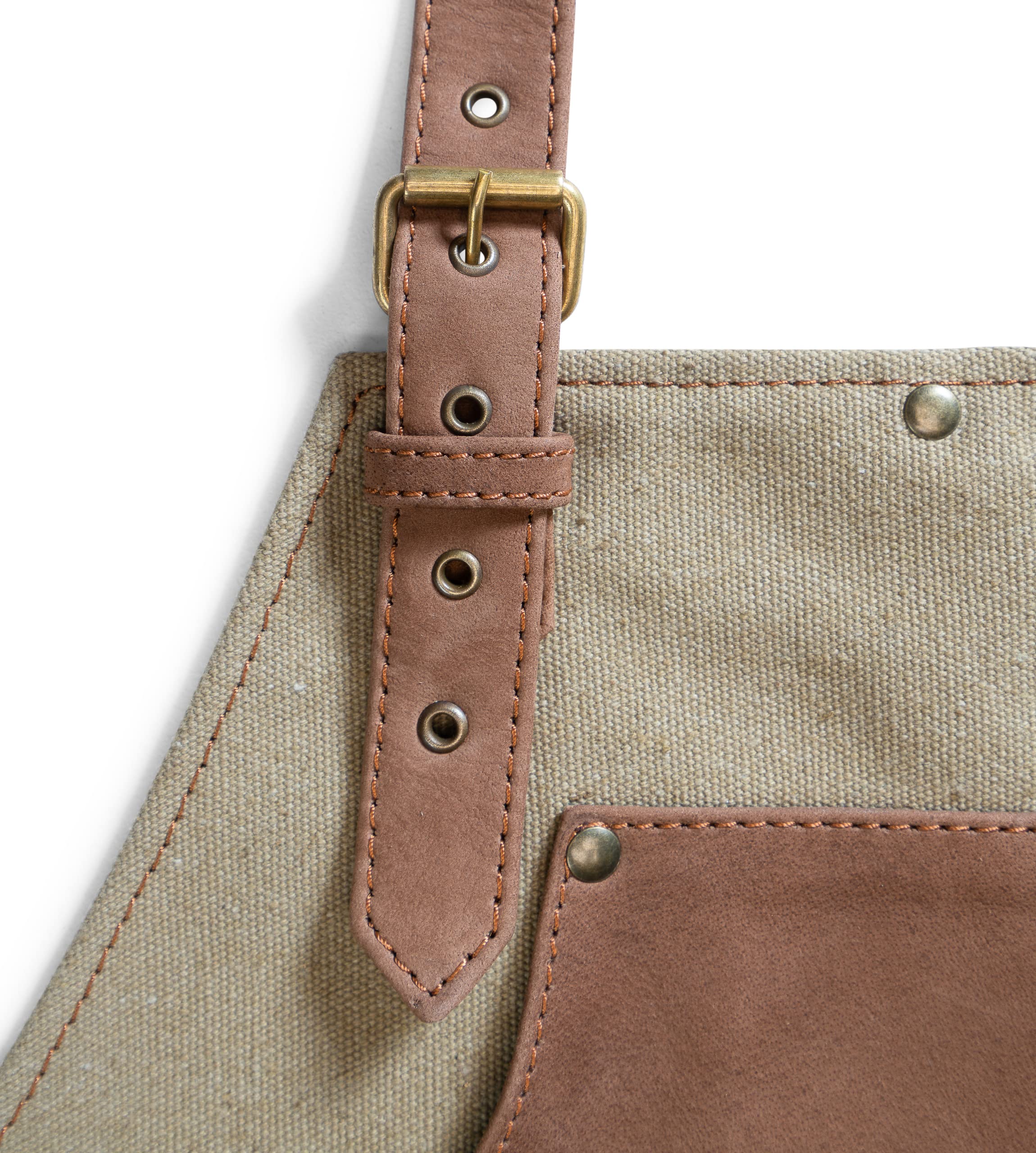 Hayden Tablier de cuisine, en toile de qualité supérieure et cuir véritable, réglable, avec sangle en cuir, pour cuisine, barbecue et barista, Toile beige, taille unique